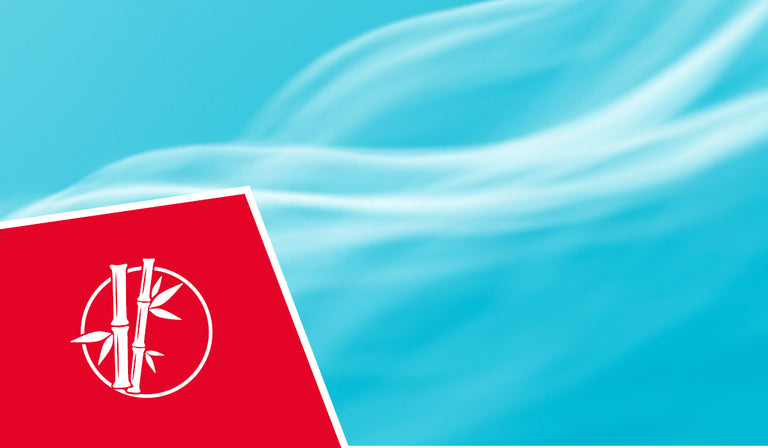 Un ciel bleu éclatant avec de doux nuages blancs vaporeux en arrière-plan. Dans le coin inférieur gauche se trouve une icône carrée rouge comportant un logo circulaire blanc avec des tiges et des feuilles de bambou à l'intérieur, représentant des matériaux naturels et durables.