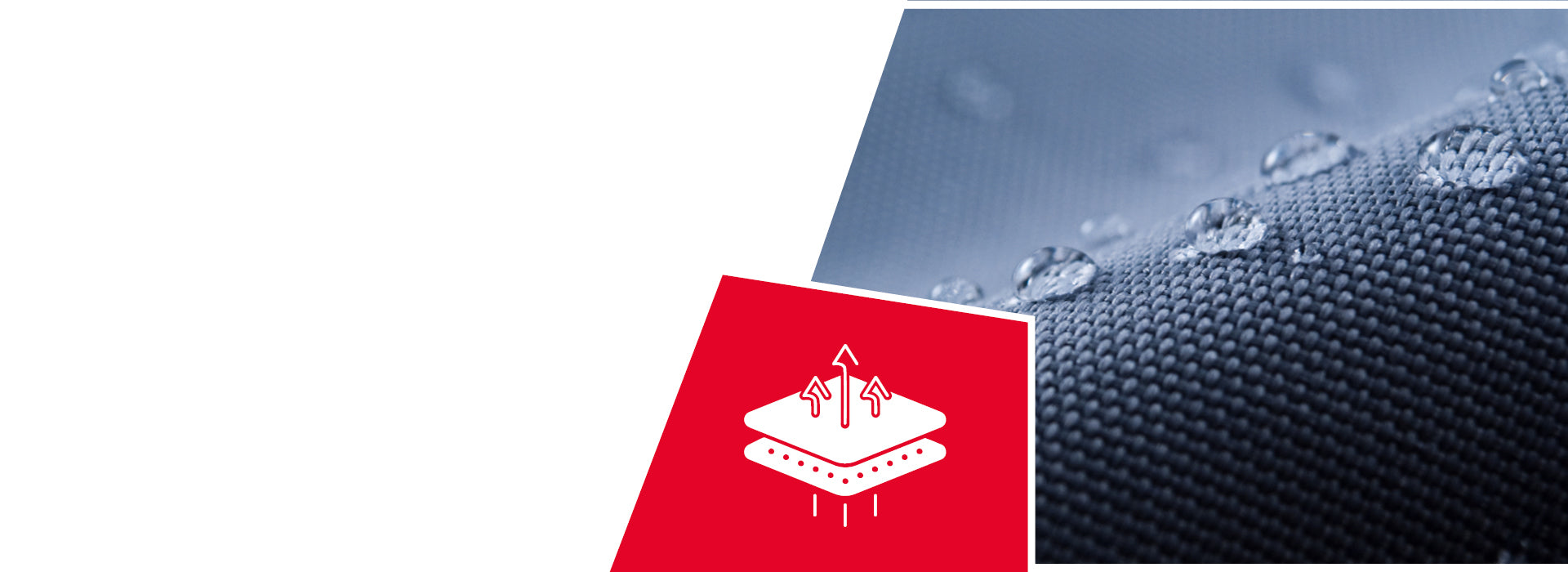 Carte rouge avec icône en tissu respirant blanc représentant des gouttelettes d'eau perlées sur une surface imperméable texturée bleue.
