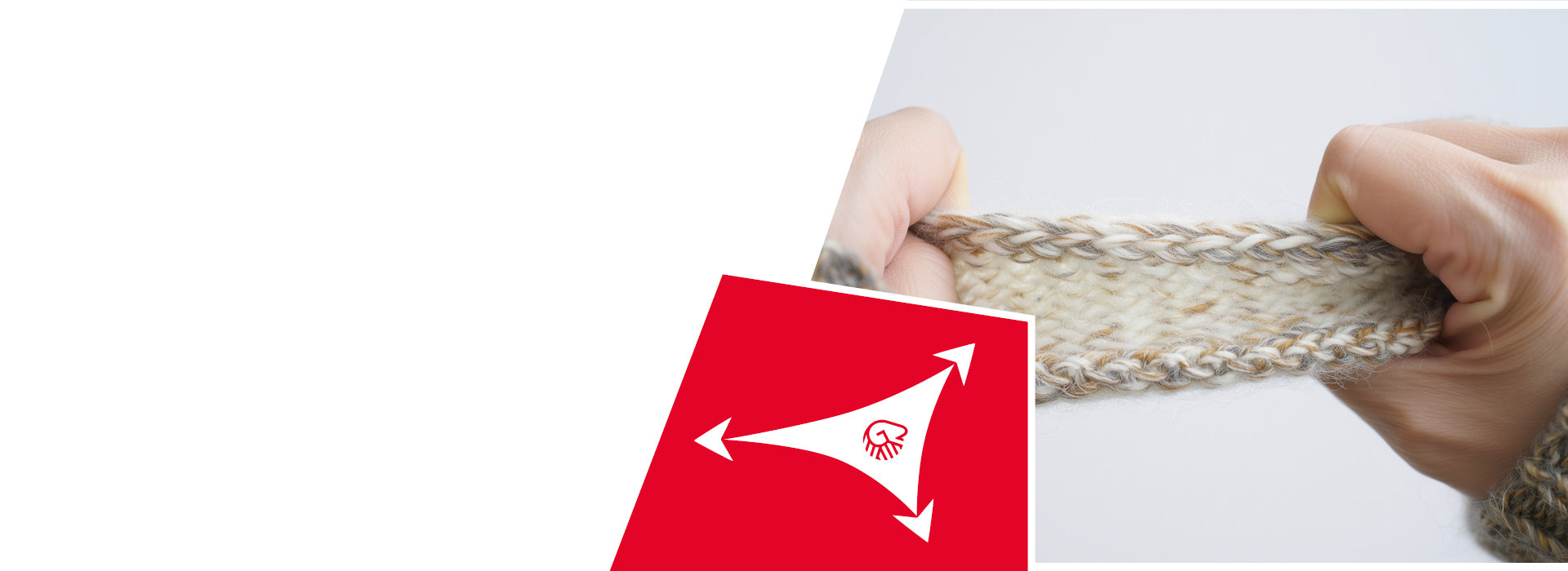 Des mains étirent un tissu en laine beige tricoté, démontrant son élasticité. Une icône rouge affiche des flèches indiquant les propriétés d'étirement et de flexibilité.
