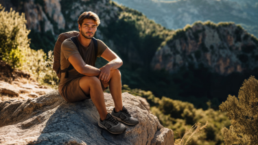 Homme souriant en chemise vert olive assis sur un rocher dans un paysage montagneux.