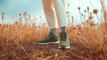 Des pieds chaussés de baskets vert olive et de chaussettes grises se dressent dans les hautes herbes dorées de l'automne. La personne porte un pantalon beige.