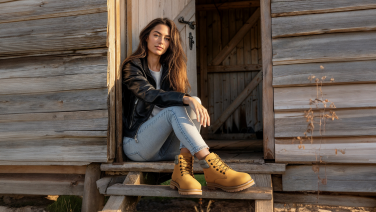 Une jeune femme vêtue d'une veste noire et d'un jean clair est assise sur une véranda en bois devant une cabane rustique. Elle porte des bottes marron et la scène est baignée d'une lumière chaude.