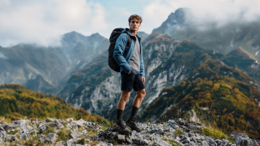 Un jeune homme avec un sac à dos se tient au sommet d'une montagne rocheuse. En arrière-plan s'étend un paysage montagneux spectaculaire avec des pentes boisées et des sommets embrumés.