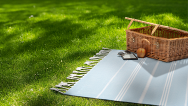 Couverture de pique-nique à rayures blanches et vertes sur une prairie ensoleillée, avec un panier en osier et un smartphone, entourée d'herbe ombragée.