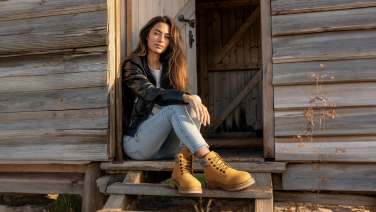 Une femme vêtue d'une veste en cuir noir et de bottes jaunes est assise à la porte d'une cabane en bois délabrée.