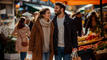 Un couple souriant flâne dans un marché hebdomadaire.