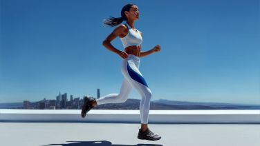 Une femme vêtue d'une tenue de sport blanche et de baskets Giesswein noires court sur une terrasse sur le toit, avec en arrière-plan une vue panoramique sur la ville et un ciel bleu