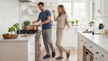 Un couple dans une cuisine rustique lumineuse : l'homme, en t-shirt et pantalon de jogging, cuisine aux fourneaux, tandis que la femme, vêtue d'un ensemble de détente beige, danse à côté de lui – tous deux portent des chaussons bleus en feutre de laine.