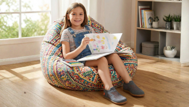 Une fillette est assise, souriante, dans un pouf aux motifs colorés ; elle dessine dans un cahier et porte des chaussons gris de la marque Giesswein.