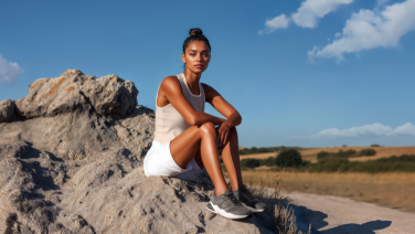 Une femme est assise sur un rocher dans un paysage estival, sous un ciel bleu. Elle porte un haut de sport blanc, un short blanc et des baskets Giesswein grises.