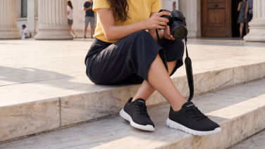 Une femme vêtue d'un t-shirt jaune et d'une jupe foncée est assise sur des marches en marbre devant un édifice à colonnes et tient un appareil photo. Elle porte des baskets Giesswein Wool noires à semelle blanche.