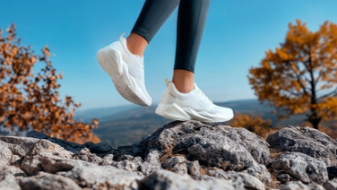 Une personne vêtue d'un legging noir marche en baskets blanches sur un sommet rocheux, avec en arrière-plan des arbres aux couleurs de l'automne, des collines et un ciel bleu.