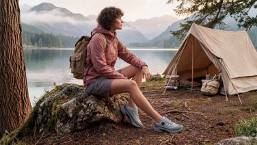 Une femme avec un sac à dos est assise sur un rocher au bord d'un lac de montagne, devant une tente ; elle porte des baskets grises de la marque Giesswein.
