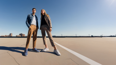 Un couple sur une terrasse ensoleillée avec vue panoramique sur la ville. Il porte une veste en jean, un short beige et des baskets bleues en laine mérinos, elle porte une veste vert foncé, un pantalon beige et des baskets grises.