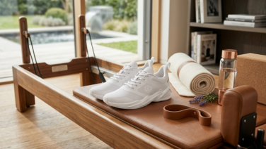 Une paire de baskets de sport Giesswein blanches sur un Reformer Pilates, à côté d’une gourde, d’un tapis de yoga enroulé, d’un bloc en liège et d’une sangle en cuir.