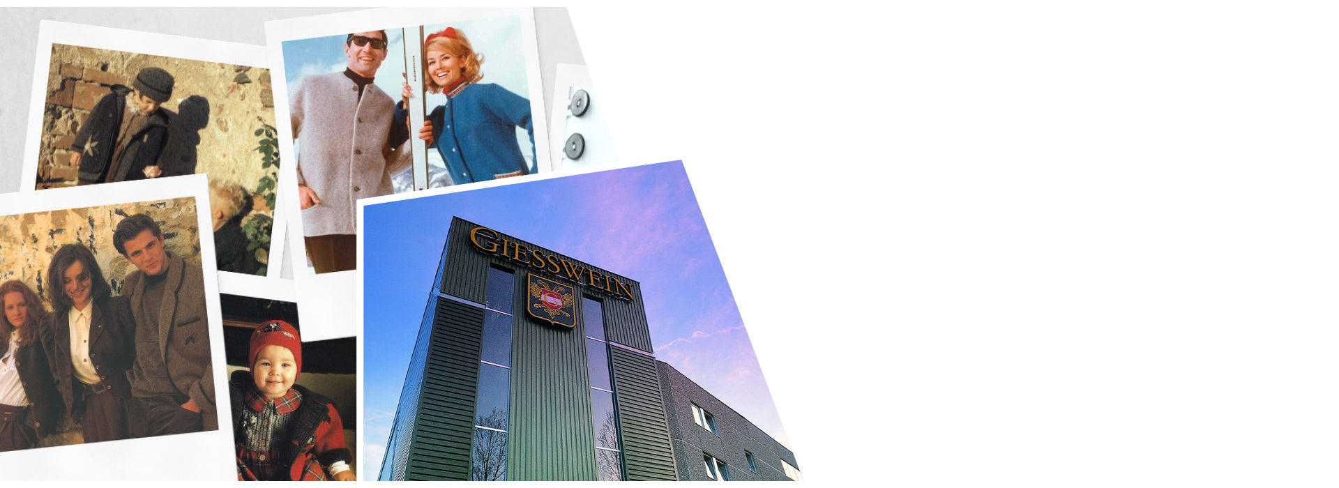 Un collage de photos vintage de famille et de mode est présenté à côté d'une photo moderne du bâtiment de la société Giesswein. Les images vintage montrent des personnes vêtues de vêtements traditionnels ou rétro, un bébé souriant dans une tenue à carreaux et un couple avec des bâtons de ski devant une montagne enneigée. Le bâtiment moderne se caractérise par une façade sombre et élégante avec de grandes fenêtres et un blason sous le logo doré « GIESSWEIN », sur fond de ciel bleu-violet.
